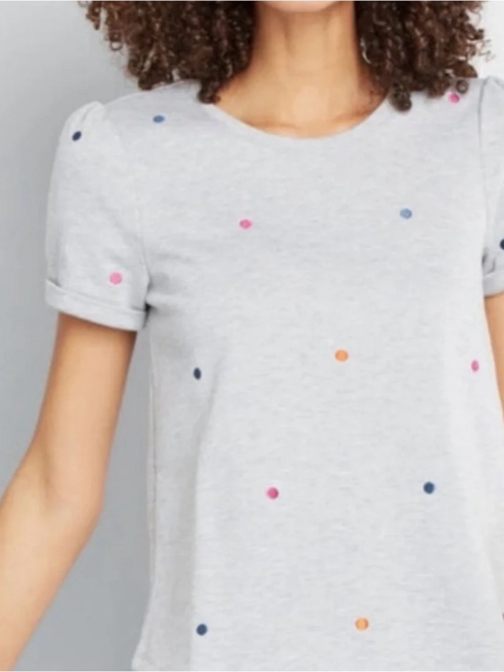 ModCloth Light Gray Polka Dot Short Sleeve Sweatshirt with Multi-Color Dots